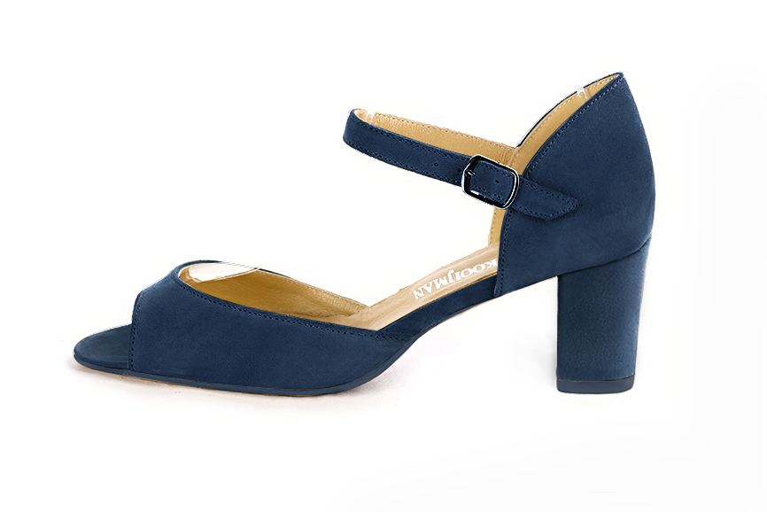 Navy blue women's closed back sandals, with an instep strap. Square toe. Medium block heels. Profile view - Florence KOOIJMAN